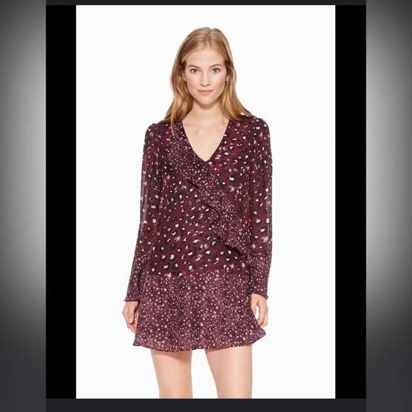 Parker Women’s Elegant Printed Ruffle Silk Blend Long Sleeve Mini Dress Size XL - Picture 1 of 9